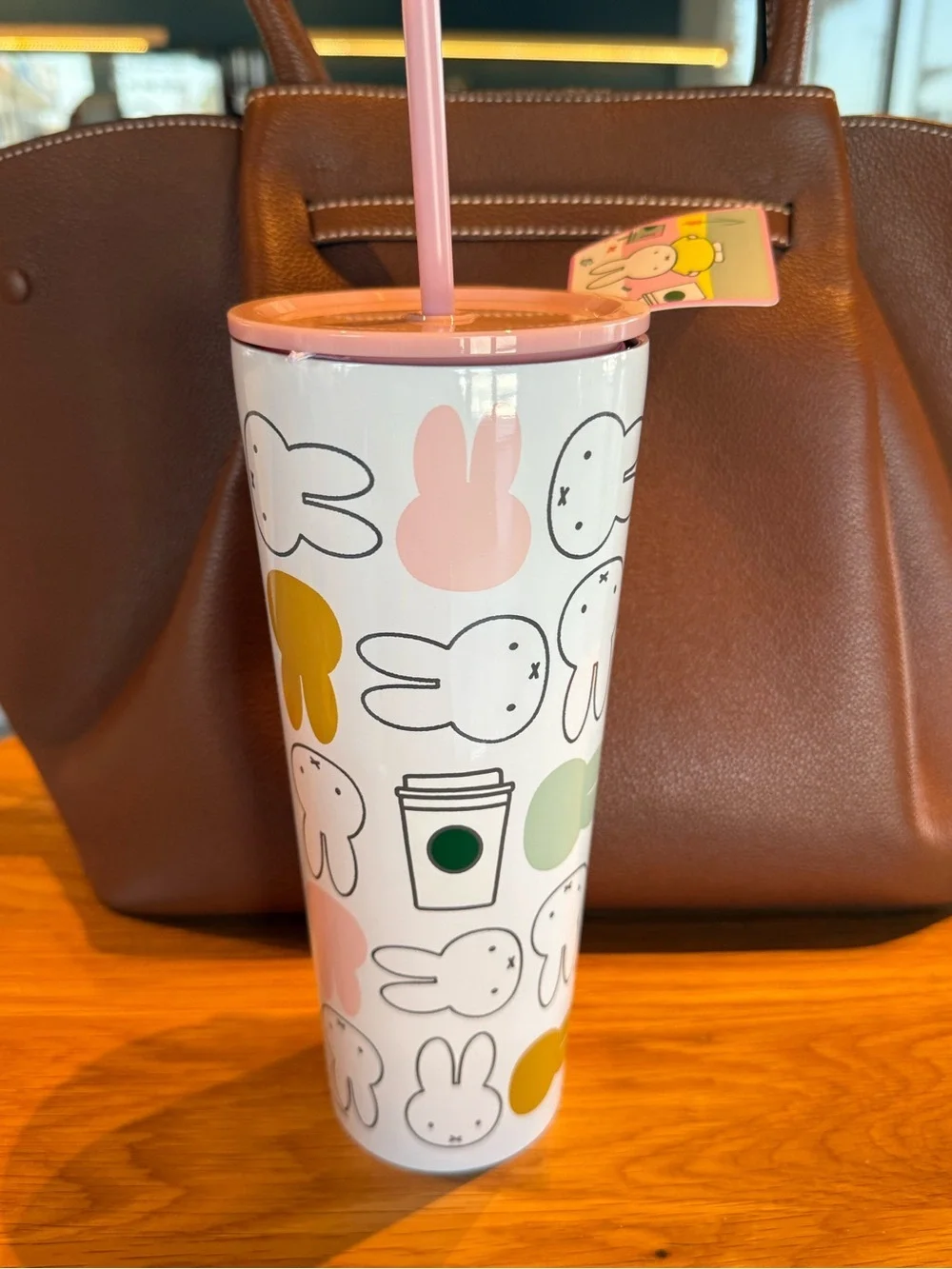 miffy Starbucks White Tumbler with Pink Lid and Pastel Bunny Pattern